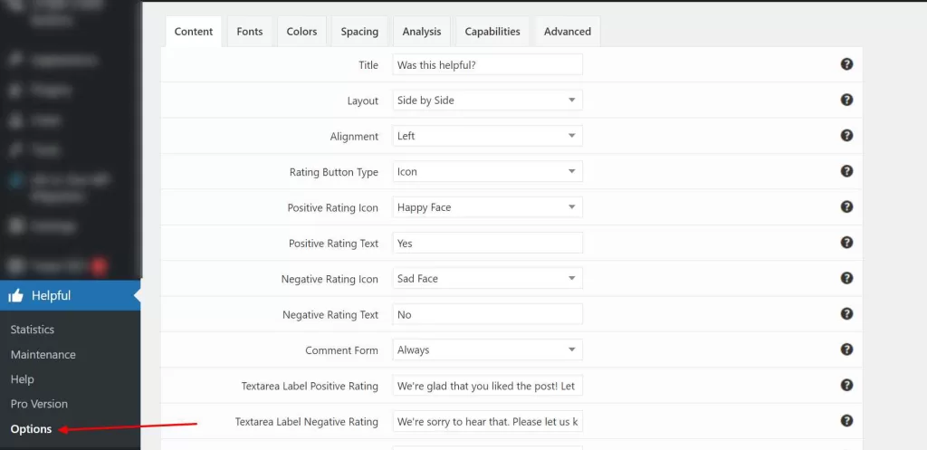Customizing the Was This Helpful feedback form options in the Helpful plugin settings
