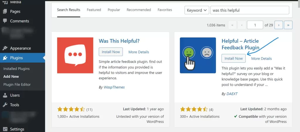Installing the Helpful article feedback plugin to add a Was This Helpful form in WordPress