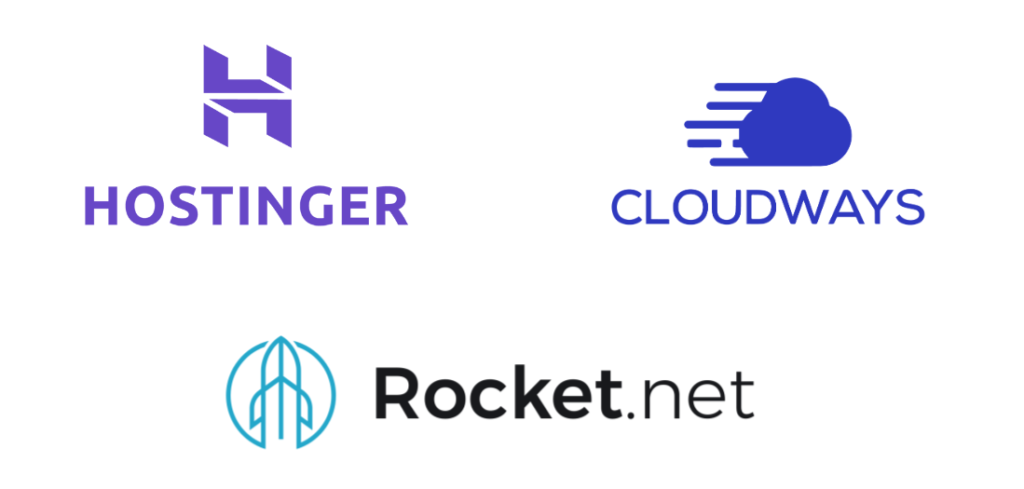 Cloudways, Hostinger and Rocket.net hosting logos