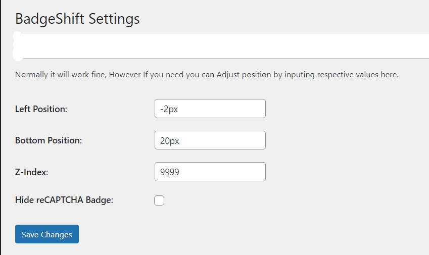 Die reCAPTCHA-Einstellungsseite von Badgeshift, auf der die Option zum Ausblenden und zur Neupositionierung des reCAPTCHA-Badges angezeigt wird